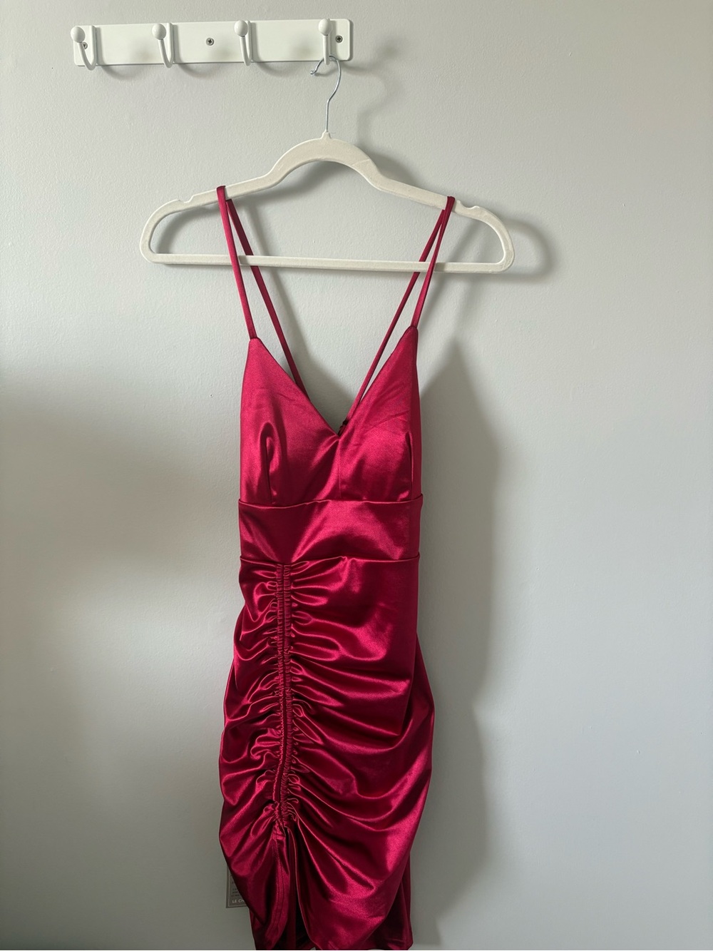 le chateau Satin Ruched Mini Dress in Berry